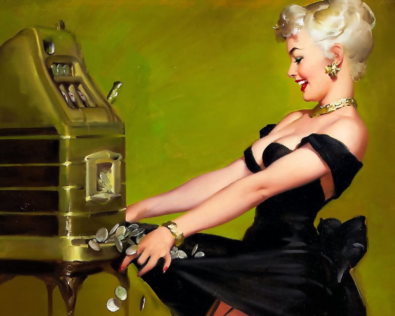The pin up girl won in the pokie machine and collects coins in the dress