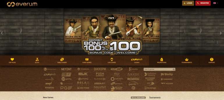 in 100% Match Bonus up to €100 in Everum Casino Main page in