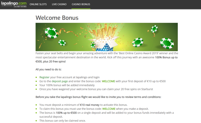 in 100% Match Bonus up to €500 in Lapalingo Lapalingo Welcome Bonus in