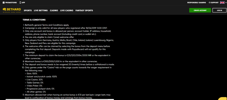 in 100% Match Bonus up to €100 in Bethard Casino Bonus Terms in