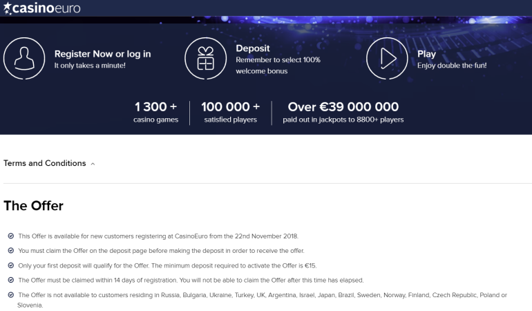 in 100% Match Bonus up to €150 in Euro Casino Bonus terms in