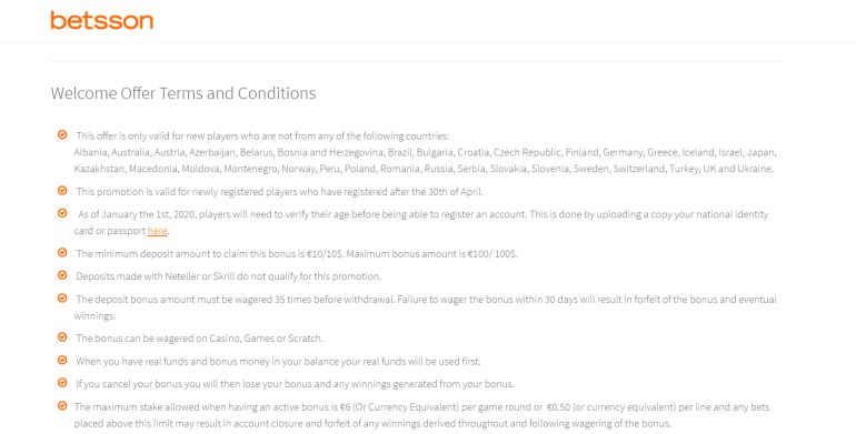 in 100% Match Bonus up to €100 in Betsson Casino Bonus Terms in