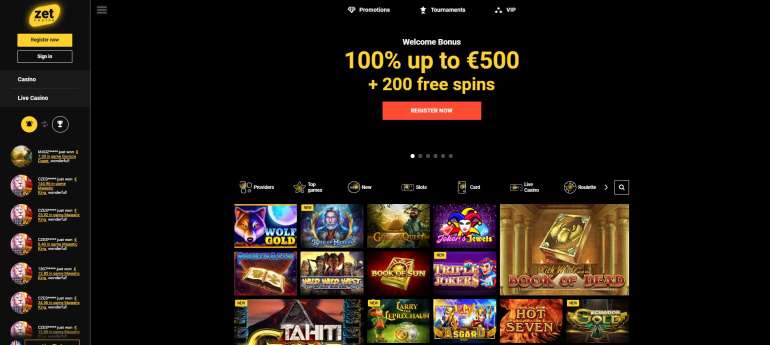 100% up to 500 EUR + 200 free spins at Zet