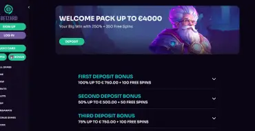 Up to €/$4,000 and 350 free spins on your first four deposits at Betzard: Betzard Online Casino