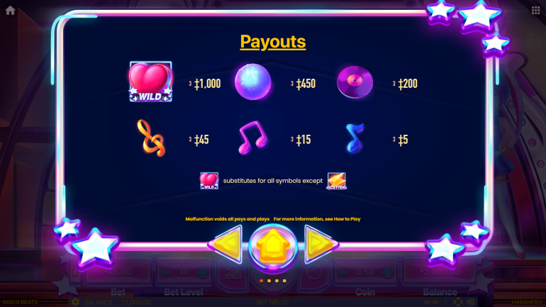 Symbols' values in Disco Beats Paytable in Disco Beats