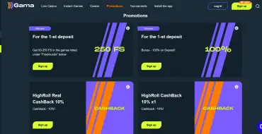Up to 250 € in free spins on your third deposit at Gama: Gama Online Casino