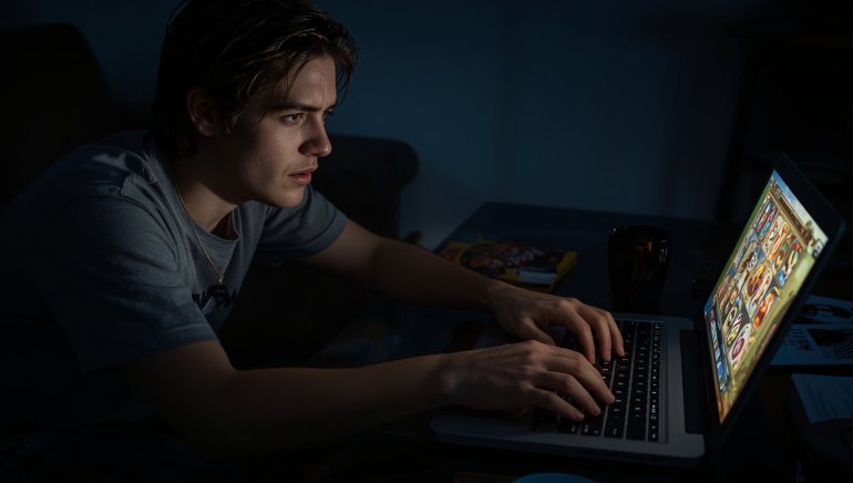 a problem gambler at a laptop playing online video pokies