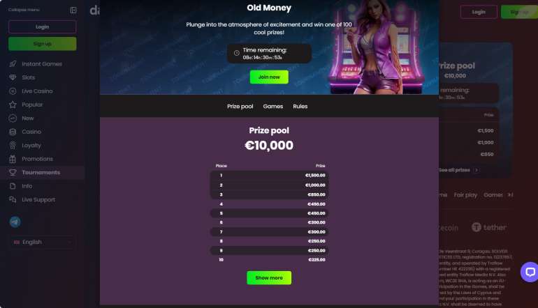 Win up to 1500 euros! in Old Money Slot Tournament at Daddy Casino Old Money Slot Tournament at Daddy Casino